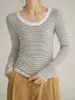 Camisa básica feminina de algodão puro de alta qualidade, com listras e mangas compridas, novo modelo outono 2026, gola redonda, corte justo, top versátil