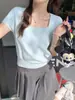 Nuevo top de punto de manga corta, estilo ligero de verano, camiseta de corte regular para mujer, top cuadrado de manga corta, capa base fina, algodón gris