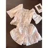 Pijama rosa floral con conejitos, lindo y dulce, para mujer, conjunto de verano de manga corta y shorts para casa, adecuado para salir