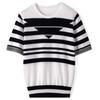 Comercio Exterior Calidad Rayas Nuevas Manga Corta Elegante Ropa de Trabajo Camiseta de Punto para Mujer Cuello Redondo Algodón y Lino Top Suministro Directo de Fábrica