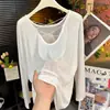 Nova camiseta de algodão de bambu de verão com costas cruzadas e mangas compridas, design vazado, proteção solar, top casual versátil estilo coreano para mulheres