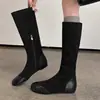 Estilo Minimalista Coreano Outono Inicial 2026 Outono Bico Redondo Patchwork Zíper Lateral Elástico Skinny Botas Longas Versáteis Femininas Salto Escondido