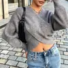 Suéter de punto para mujer de otoño e invierno europeo y americano, cuello en V, color liso, corte cruzado, sexy, jersey con cuello en V, chaqueta suéter