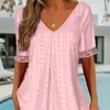 Camiseta de Mujer de Punto con Encaje Calado y Empalme, Manga Corta, Cuello en V, Estilo Europeo y Americano, Nueva Popularidad Transfronteriza, Procesamiento y Personalización