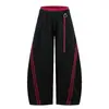 Pantalones casuales de estilo americano, a rayas, con bloques de color, interior rojo, dobladillo curvo de doble capa, unisex, elegantes, holgados, de pierna ancha casual