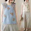 Bordado Floral Novo Estilo Chinês Sem Mangas Top Feminino Verão Novo Temperamento Preguiçoso Gola Redonda Camisa Colete Fina