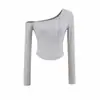 Camiseta Manga Longa Botões Ombro Único Estilo Hot Girl para Mulheres, Nova Primavera e Outono, Slim Fit, Valoriza a Silhueta, Ombro a Ombro, Cintura Marcada, Top Base