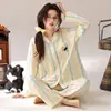 Pijama de algodón puro para mujer, manga larga, pantalón largo, cuello camisero, estilo cárdigan, cómodo, talla grande, estilo primavera y otoño, dulce y lindo, adecuado para usar como prenda exterior