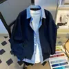 Sudadera Cardigan Chaqueta Falsa de Dos Piezas Estilo Americano para Hombre Otoño Cleanfit Cuadros Patchwork Pareja Casual Top Moderno