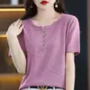 Estilo Novo Primavera e Verão Estilo Preguiçoso Algodão Puro Tricô Manga Curta Solto Gola Redonda Fino Tricô Camiseta Versátil com Botões para Mulheres