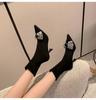 Botines Cortos de Tacón Aguja con Punta Fina Estilo Francés para Mujer, Modelo Nuevo Primavera y Otoño 2026 con Hebilla Cuadrada de Pedrería, Botines Tipo Calcetín Elásticos de Moda Ajustados