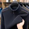 Suéter de Lã One-Piece com Fleece Masculino Inverno Novo Estilo Casual de Negócios para Meia-Idade Mais Veludo Mais Espessura Quente Tricô Suéter Masculino