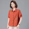 Camisa retro de manga corta a la moda para madres de mediana edad y mayores, nuevo estilo verano 2026, top de algodón puro bordado de corte holgado