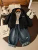 Conjunto de Chaqueta de Primavera y Otoño para Niños, Chaqueta Exterior Nueva y Elegante, Jeans Rectos de Color Sólido para Bebés y Niños Pequeños, Atuendo de Otoño