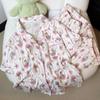 Pijama de três peças com estampa de flores e coelho, estilo doce, para primavera e verão, novo, transfronteiriço, casual, pode ser usado fora, foto real, atacado