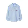Camisa Azul Juvenil con Bordado Floral 3D para Hombres y Mujeres, Camisa Casual Suelta de Manga Larga Dopamina de Primavera para Parejas