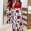 Nueva Falda Larga Estilo Europeo y Americano de Amazon Vestido de Manga Larga y Corta con Impresión Digital y Combinación de Colores Ropa Femenina Transfronteriza