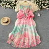 Vestido Estilo Férias de Início de Primavera para Mulheres 2025 Novo Alça de Um Ombro Cintura Manga Lanterna Chiffon Estampado Saia Longa