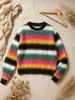 Nuevo Suéter de Cachemir Cepillado con Cuello Redondo para Otoño/Invierno 2026, Suave con la Piel, Tacto de Alta Gama, Top Rayado Holgado para Mujer Estilo Europeo y Americano