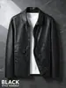 Jaqueta Curta de Couro PU Fina Estilo Europeu e Americano Masculina Street Motorcycle Estilo Hong Kong Jaqueta com Gola Americana Forrada de Lã