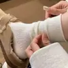Meias Texturizadas de Cano Médio com Borda Enrolada, Estilo Retro Artístico na Cor Creme, para Primavera, Outono e Verão, Meias Artísticas Respiráveis para Maternidade