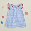 Vestido de Verano para Niña, Dulce, Moderno y Súper Lindo, Cuadros con Bordado de Frutas de Dibujos Animados, Encaje, Mangas Volantes, Vestido de una Pieza