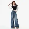 Jeans de Mezclilla Lavada Azules de Pierna Ancha Plisados para Mujer 2026 Primavera Nuevos Holgados con Caída Versátiles Rectos Largos hasta el Suelo