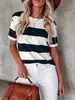 Nova Camiseta Casual de Verão com Listras Estampadas e Gola Redonda de Manga Curta, Moda Transfronteiriça Europeia e Americana para Mulheres