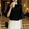 Comércio exterior moda estilo japonês doce malha renda com contas babados acabamento cor sólida manga sino malha top camiseta para mulheres