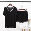 Roupas de Casa de Verão para Mulheres Conjunto Esportivo Casual Pijama de Manga Curta Camiseta de Modal Contraste de Cores Roupa Externa Conjunto de Duas Peças da Moda