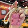 Chaveiro de Urso Grande de Desenho Animado com Pedras Brilhantes e Strass Estilo Fofo Urso Totalmente Cravejado com Strass Corrente de Pérolas Pingente para Bolsa Feminina