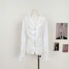 Camisa plisada con cuello cubano para mujer, estilo primavera, texturizada, corte relajado, top casual holgado