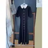 Vestido Longo Elegante Estilo Hepburn com Gola Peter Pan de Renda, Mangas Bufantes, Ajustado ao Corpo, Tricô de Seda Gelada da Marca S Coreana