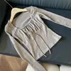 Camiseta de Manga Larga de Color Sólido Acanalada con Cordones para Mujer, Camiseta Básica Chic para Capa Interior con Escote Cuadrado, Dropshipping Otoño e Invierno