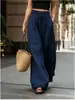 Pantalones de verano de cintura alta, holgados, de pierna ancha para mujer, color liso, cintura con cordón, pantalones largos casuales, estilo europeo y americano transfronterizo, pantalones versátiles de largo hasta el suelo