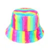 Gorro de Cuenca Nuevo y Cálido Transfronterizo Imitación Piel de Conejo Femenino Popular Tendencia Femenina Rayas Arcoíris Coloridas Gorro de Pescador Estilo Invierno 2025
