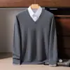 Suéter de cachemira con cuello en V, top térmico cálido, camisa de cachemira ajustada para otoño e invierno, color liso versátil para hombre