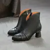 Jiezhou 2026 Nova Coleção de Outono: Botas de Cano Curto com Salto Bloco, Zíper em V Francês de Couro Bovino de Primeira Camada, Sapatos Femininos Versáteis Elegantes para o Trabalho