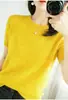 Camiseta de punto fina de manga corta holgada para mujer, suéter de cuello redondo, top de capa base para primavera, otoño y verano, top corto de punto de media manga