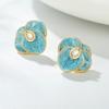 Novos Brincos de Flor de Pintura a Óleo Azul com Pérolas, Brincos Elegantes de Camélia, Brincos de Estilo Retrô de Alta Qualidade