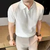 Verão 2026 Novo Estilo Estilo Old Money Respirável Linho Gola Gaivota Tricô Camisa Polo, Manga Curta Fina com Punhos Camiseta