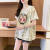 Camiseta de Manga Corta con Diseño Tie-Dye Retro Americano para Mujer en Verano, Top Popular de Graffiti de Dibujos Animados Suelto e Informal