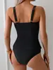 Traje de baño negro de estilo europeo y americano conservador, que cubre el abdomen, con borde ondulado para mujer, de dos piezas, Transfronterizo 2025, Realza el busto, Adelgaza los hombros