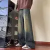 Jeans Masculino Sudeste Asiático Lavado Jeans de Perna Larga Masculino Calças Retrô Desgastadas Largas de Perna Reta Atacado