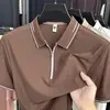 Camisa Polo de Manga Curta para Homens de Meia-Idade e Idosos Verão Novo Manga Meia-Manga Zíper Casual Camiseta Masculina Fina de Seda de Gelo