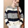 Cardigan Tricô Color Block Listrado Design Moderno para Mulheres Outono/Inverno Nova Chegada Cor Contrastante Versátil Casaco Suéter