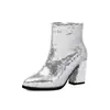 Botas de Moda com Lantejoulas de Tamanho Grande Transfronteiriças para Mulheres Outono e Inverno 2025 Novas Botas de Bico Fino com Salto Grosso Curtas para Mulheres Amazon