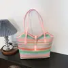 2026 Nuevo Bolso de Hombro Grande Tejido Arcoíris para Mujer Bolso de Paja Versátil para el Trabajo Bolso Tote de Moda para Salir Tendencia