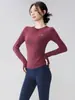 Nuevo Diseño de Funda Protectora para Dedos Ropa de Yoga para Mujer, Camiseta Sencilla de Cuello Redondo Ajustada de Manga Larga para Deportes al Aire Libre, Running y Fitness