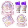Suministros de decoración de cumpleaños para niños con temática de castillo morado transfronterizos, platos de papel para fiestas, servilletas de papel, vasos de papel, mantel desechable